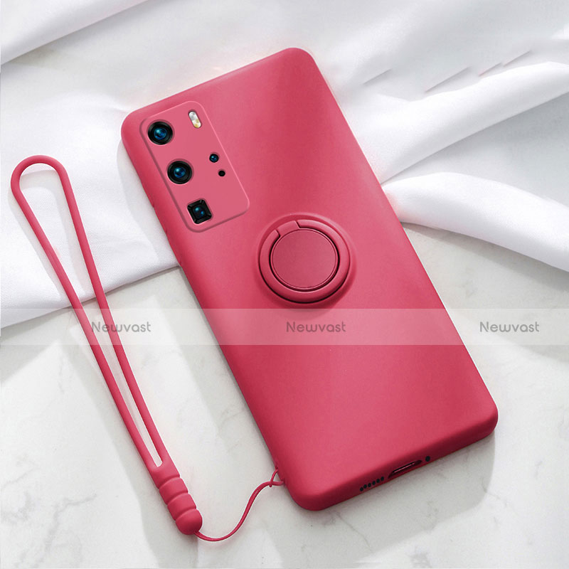 Ultra-thin Silicone Gel Soft Case Cover with Magnetic Finger Ring Stand T02 for Huawei P40 Pro Red Wine