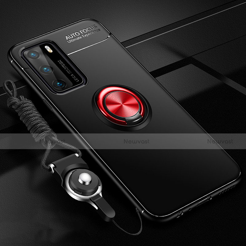 Ultra-thin Silicone Gel Soft Case Cover with Magnetic Finger Ring Stand T02 for Huawei P40 Red and Black