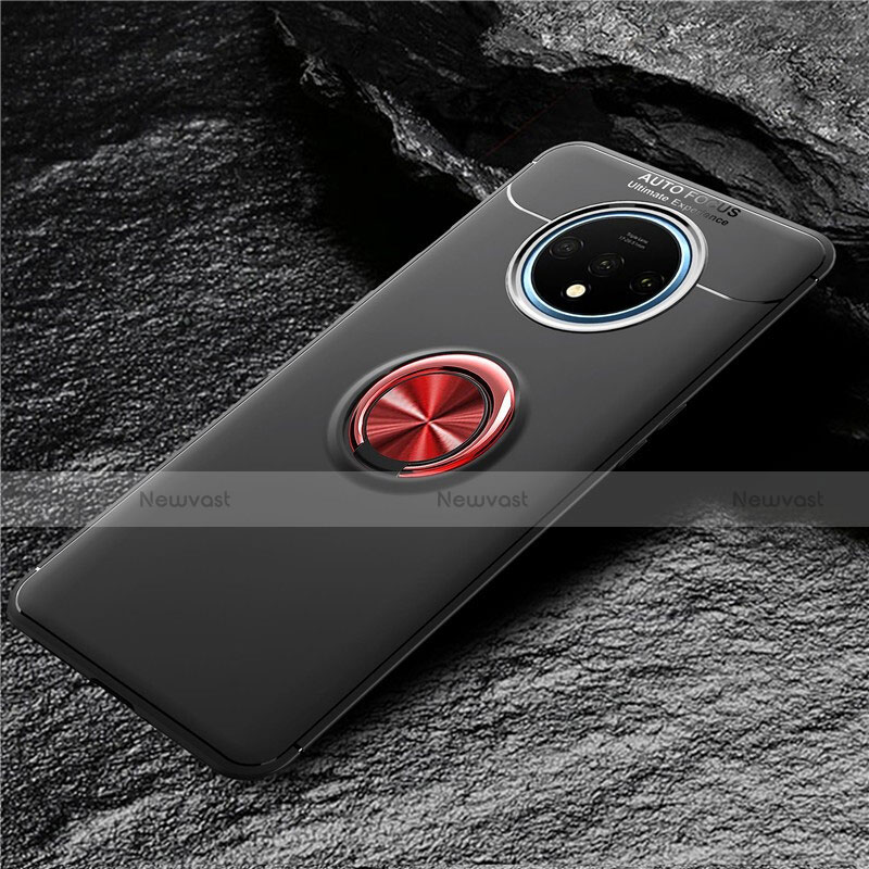 Ultra-thin Silicone Gel Soft Case Cover with Magnetic Finger Ring Stand T02 for OnePlus 7T Red and Black