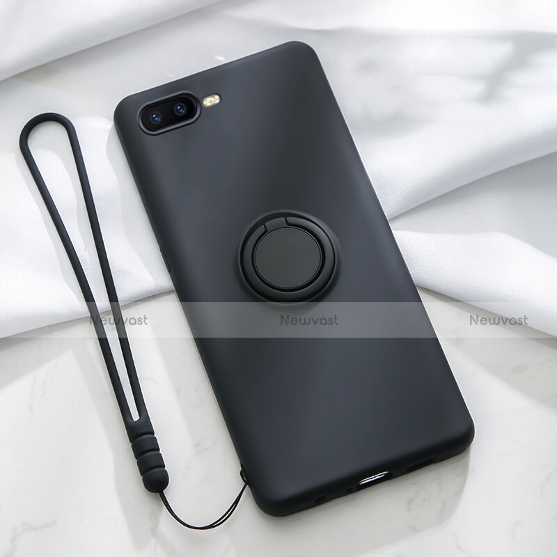 Ultra-thin Silicone Gel Soft Case Cover with Magnetic Finger Ring Stand T02 for Oppo K1 Black