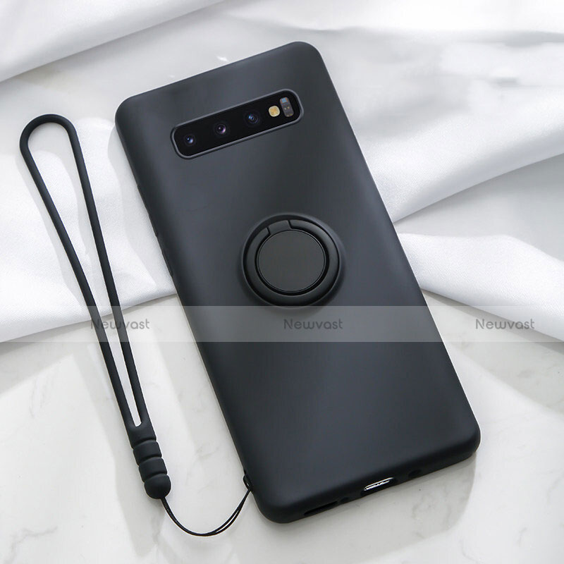Ultra-thin Silicone Gel Soft Case Cover with Magnetic Finger Ring Stand T02 for Samsung Galaxy S10 5G Black