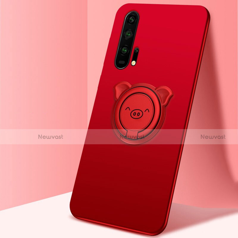 Ultra-thin Silicone Gel Soft Case Cover with Magnetic Finger Ring Stand T03 for Huawei Honor 20 Pro Red