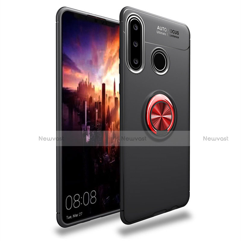 Ultra-thin Silicone Gel Soft Case Cover with Magnetic Finger Ring Stand T03 for Huawei P30 Lite New Edition Red and Black