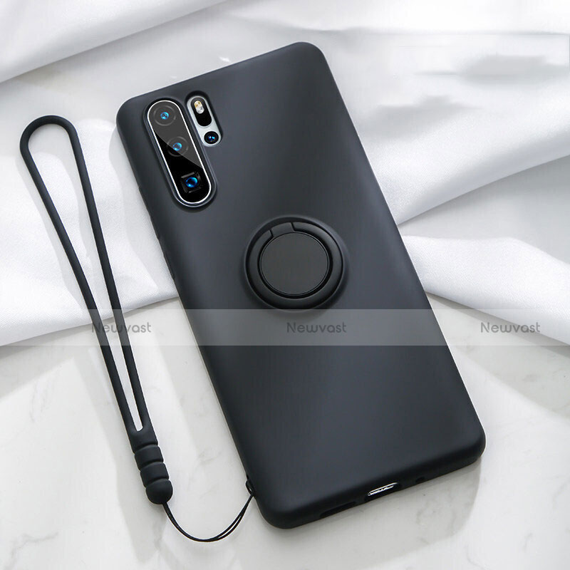 Ultra-thin Silicone Gel Soft Case Cover with Magnetic Finger Ring Stand T03 for Huawei P30 Pro New Edition Black