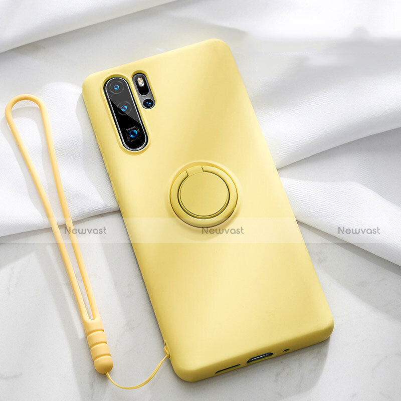 Ultra-thin Silicone Gel Soft Case Cover with Magnetic Finger Ring Stand T03 for Huawei P30 Pro New Edition Yellow
