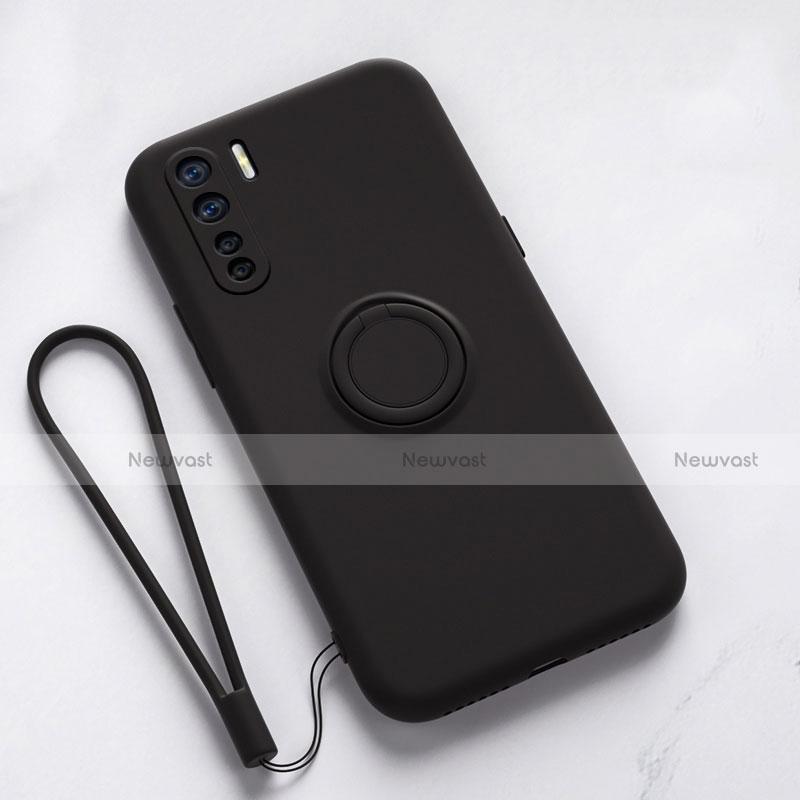 Ultra-thin Silicone Gel Soft Case Cover with Magnetic Finger Ring Stand T03 for Oppo A91 Black