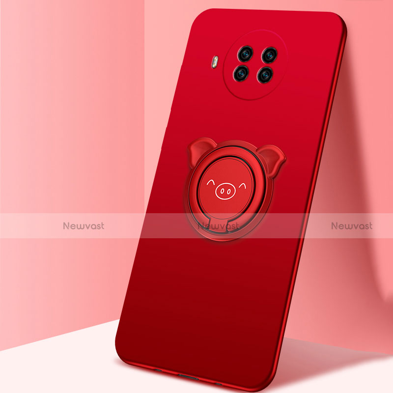 Ultra-thin Silicone Gel Soft Case Cover with Magnetic Finger Ring Stand T03 for Xiaomi Mi 10T Lite 5G Red
