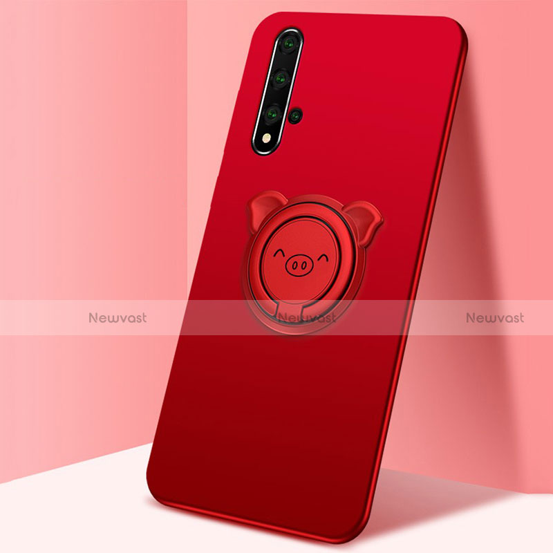 Ultra-thin Silicone Gel Soft Case Cover with Magnetic Finger Ring Stand T04 for Huawei Honor 20 Red