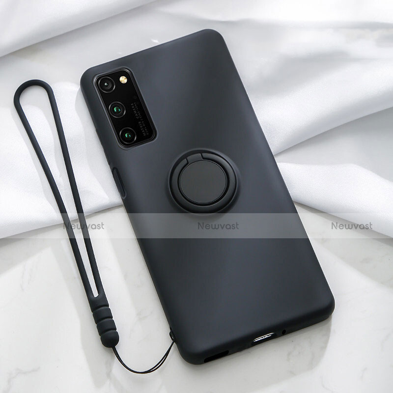 Ultra-thin Silicone Gel Soft Case Cover with Magnetic Finger Ring Stand T04 for Huawei Honor View 30 5G Black