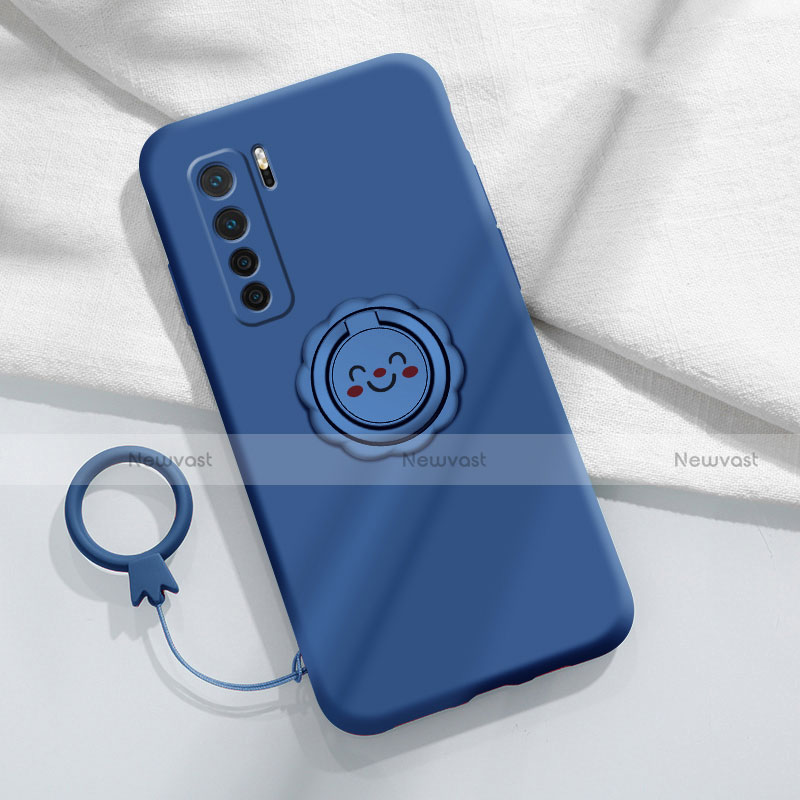 Ultra-thin Silicone Gel Soft Case Cover with Magnetic Finger Ring Stand T04 for Huawei Nova 7 SE 5G Blue