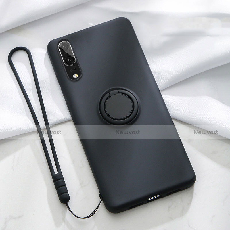 Ultra-thin Silicone Gel Soft Case Cover with Magnetic Finger Ring Stand T04 for Huawei P20 Black