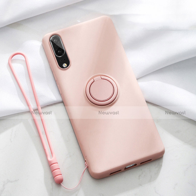 Ultra-thin Silicone Gel Soft Case Cover with Magnetic Finger Ring Stand T04 for Huawei P20 Pink