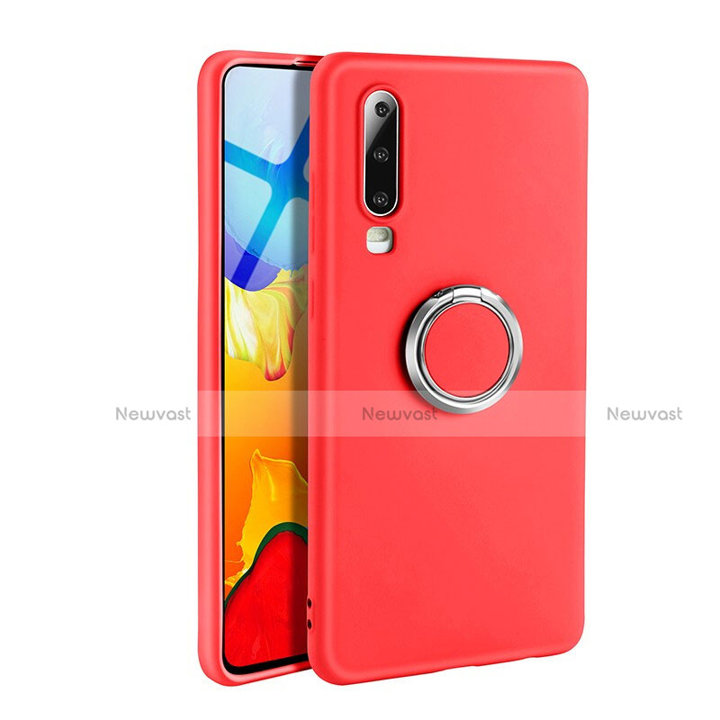 Ultra-thin Silicone Gel Soft Case Cover with Magnetic Finger Ring Stand T04 for Huawei P30 Red