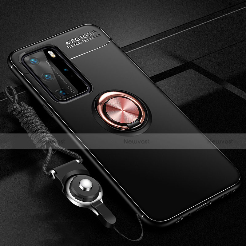 Ultra-thin Silicone Gel Soft Case Cover with Magnetic Finger Ring Stand T04 for Huawei P40 Pro Gold and Black