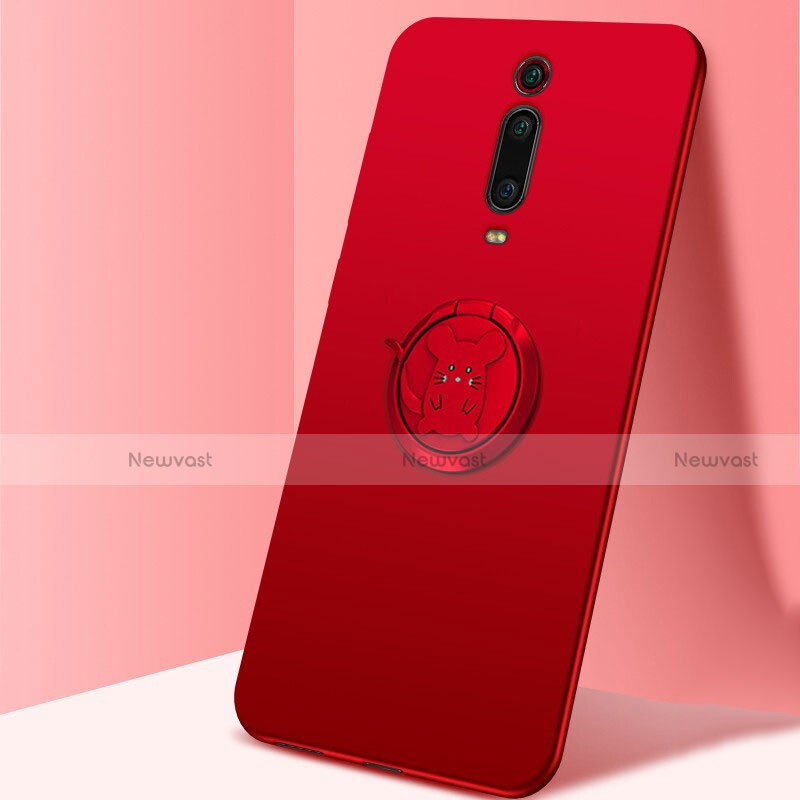 Ultra-thin Silicone Gel Soft Case Cover with Magnetic Finger Ring Stand T04 for Xiaomi Mi 9T Pro Red