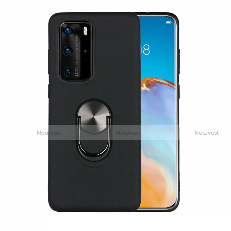 Ultra-thin Silicone Gel Soft Case Cover with Magnetic Finger Ring Stand T05 for Huawei P40 Pro Black