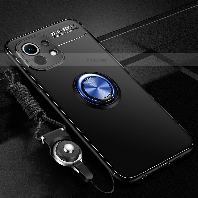 Ultra-thin Silicone Gel Soft Case Cover with Magnetic Finger Ring Stand T05 for Xiaomi Mi 11 5G Blue and Black