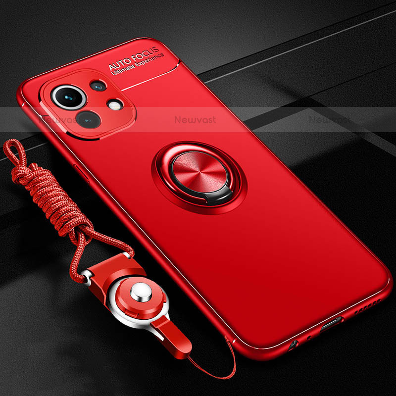 Ultra-thin Silicone Gel Soft Case Cover with Magnetic Finger Ring Stand T05 for Xiaomi Mi 11 5G Red