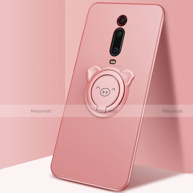 Ultra-thin Silicone Gel Soft Case Cover with Magnetic Finger Ring Stand T05 for Xiaomi Mi 9T Pro Pink