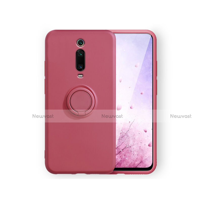 Ultra-thin Silicone Gel Soft Case Cover with Magnetic Finger Ring Stand T07 for Xiaomi Mi 9T Pro Red