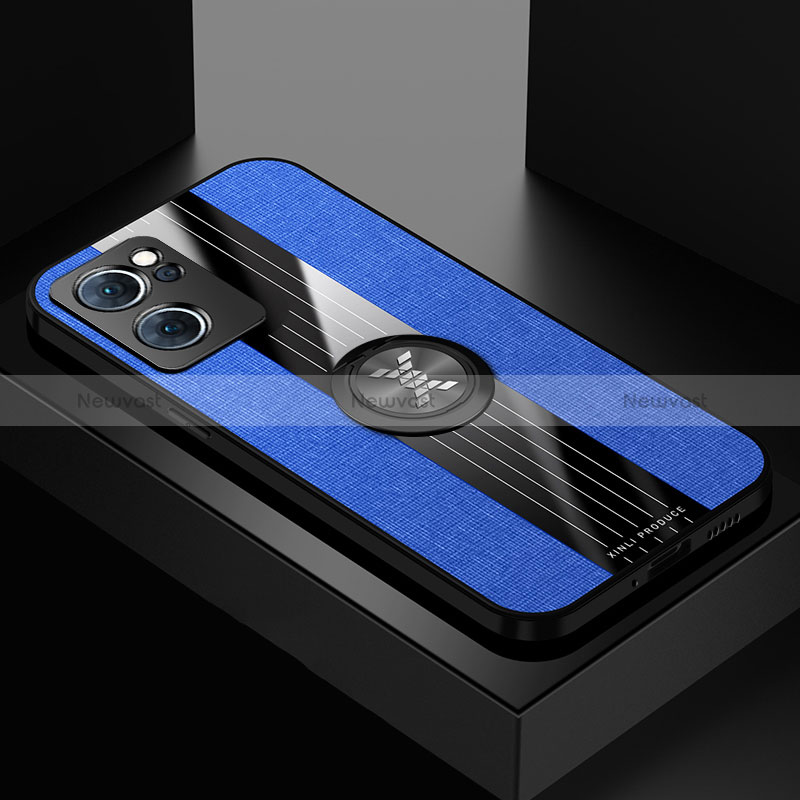 Ultra-thin Silicone Gel Soft Case Cover with Magnetic Finger Ring Stand X01L for Oppo Reno7 5G Blue
