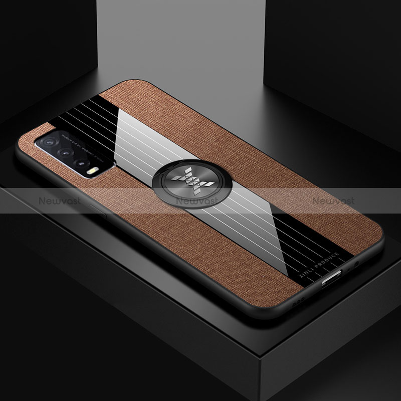 Ultra-thin Silicone Gel Soft Case Cover with Magnetic Finger Ring Stand X01L for Vivo Y20s Brown