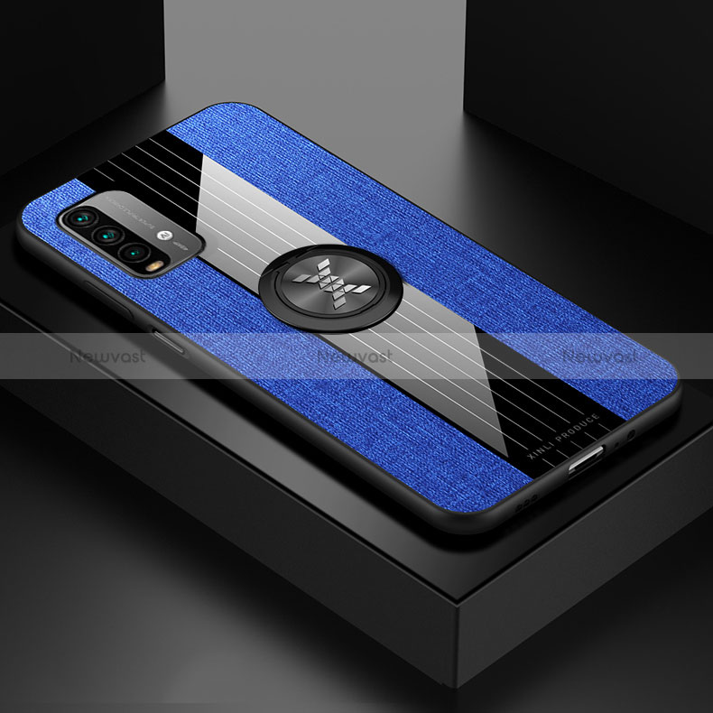 Ultra-thin Silicone Gel Soft Case Cover with Magnetic Finger Ring Stand X01L for Xiaomi Redmi 9T 4G Blue
