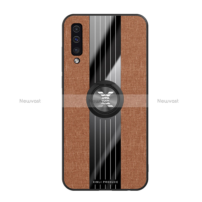 Ultra-thin Silicone Gel Soft Case Cover with Magnetic Finger Ring Stand X02L for Samsung Galaxy A50 Brown