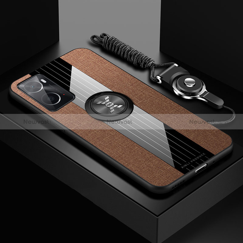 Ultra-thin Silicone Gel Soft Case Cover with Magnetic Finger Ring Stand X03L for Oppo A76 Brown