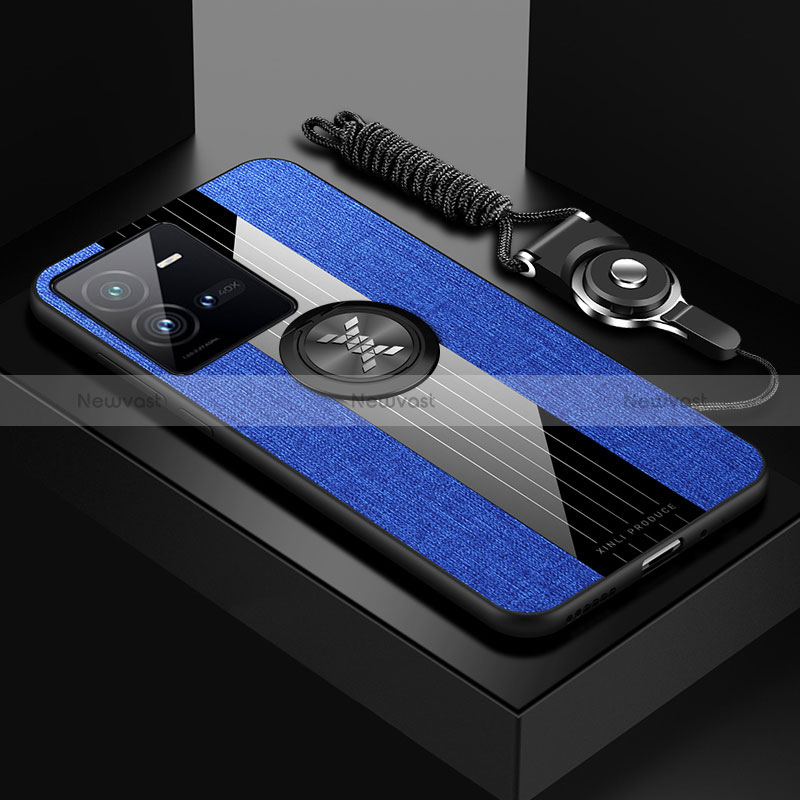 Ultra-thin Silicone Gel Soft Case Cover with Magnetic Finger Ring Stand X03L for Vivo iQOO 10 Pro 5G Blue