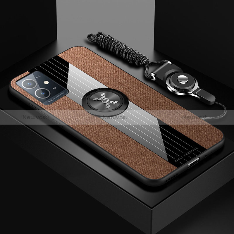 Ultra-thin Silicone Gel Soft Case Cover with Magnetic Finger Ring Stand X03L for Vivo iQOO Z6 5G Brown