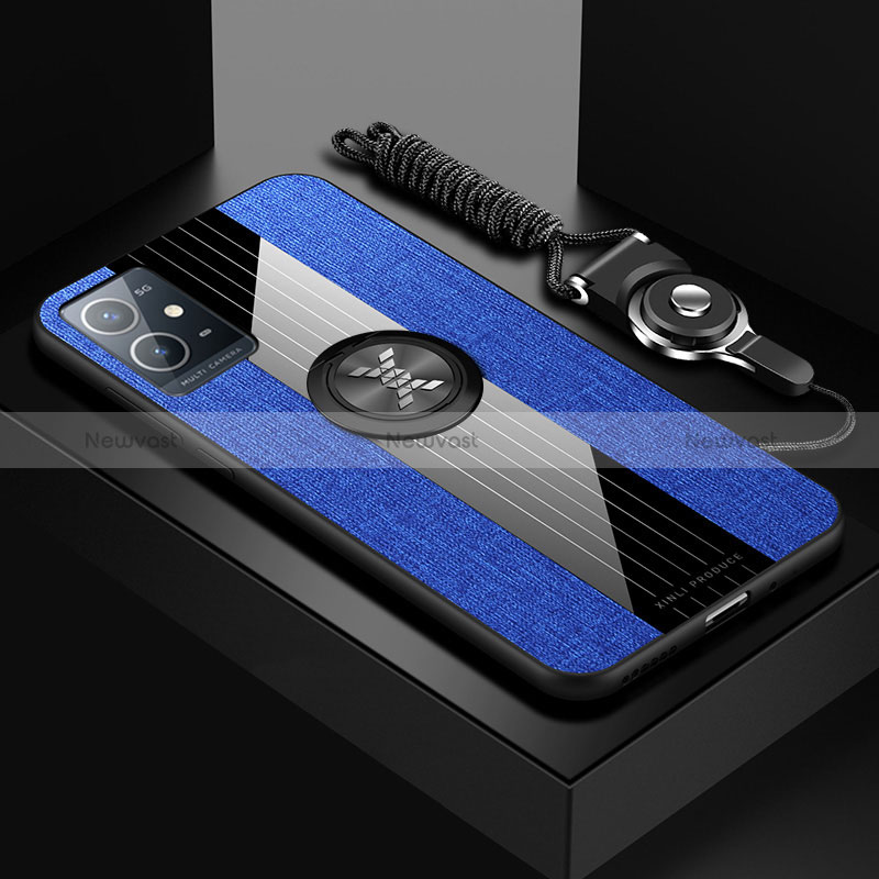 Ultra-thin Silicone Gel Soft Case Cover with Magnetic Finger Ring Stand X03L for Vivo T1 5G India Blue