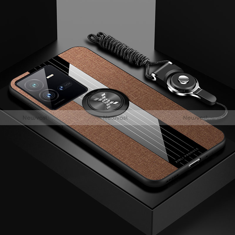 Ultra-thin Silicone Gel Soft Case Cover with Magnetic Finger Ring Stand X03L for Vivo V25 5G Brown