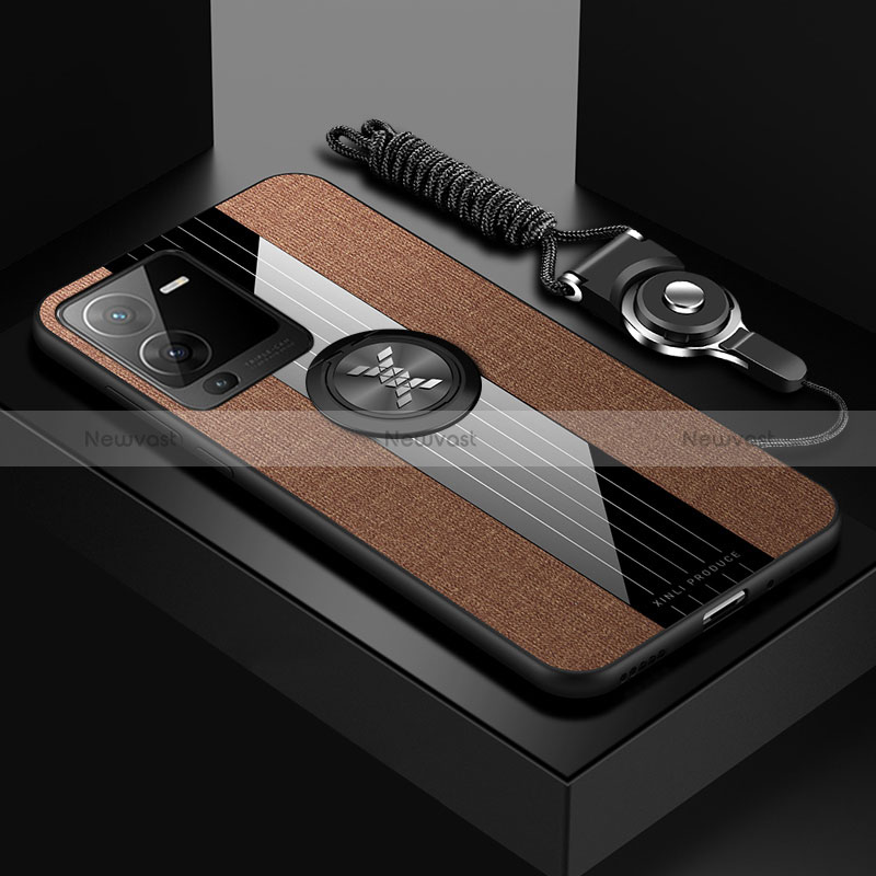 Ultra-thin Silicone Gel Soft Case Cover with Magnetic Finger Ring Stand X03L for Vivo V25 Pro 5G Brown