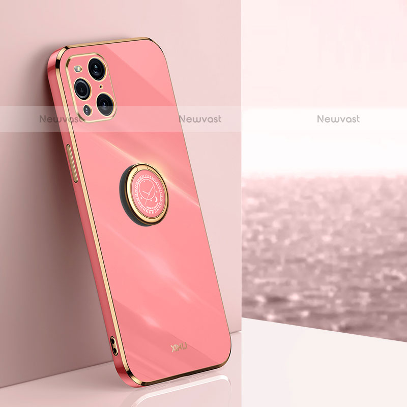 Ultra-thin Silicone Gel Soft Case Cover with Magnetic Finger Ring Stand XL1 for Oppo Find X3 Pro 5G Hot Pink