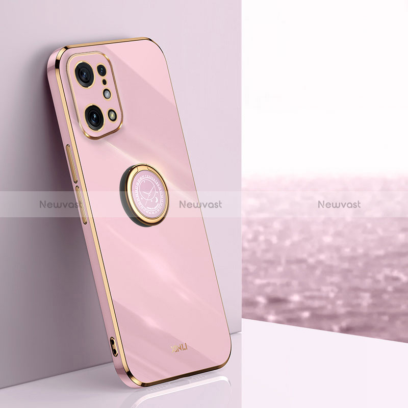 Ultra-thin Silicone Gel Soft Case Cover with Magnetic Finger Ring Stand XL1 for Oppo Find X5 5G Pink