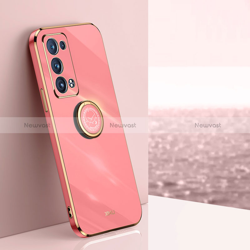 Ultra-thin Silicone Gel Soft Case Cover with Magnetic Finger Ring Stand XL1 for Oppo Reno6 Pro 5G Hot Pink