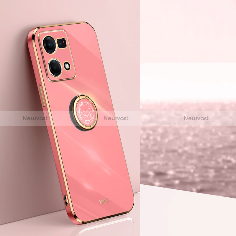 Ultra-thin Silicone Gel Soft Case Cover with Magnetic Finger Ring Stand XL1 for Oppo Reno7 4G Hot Pink