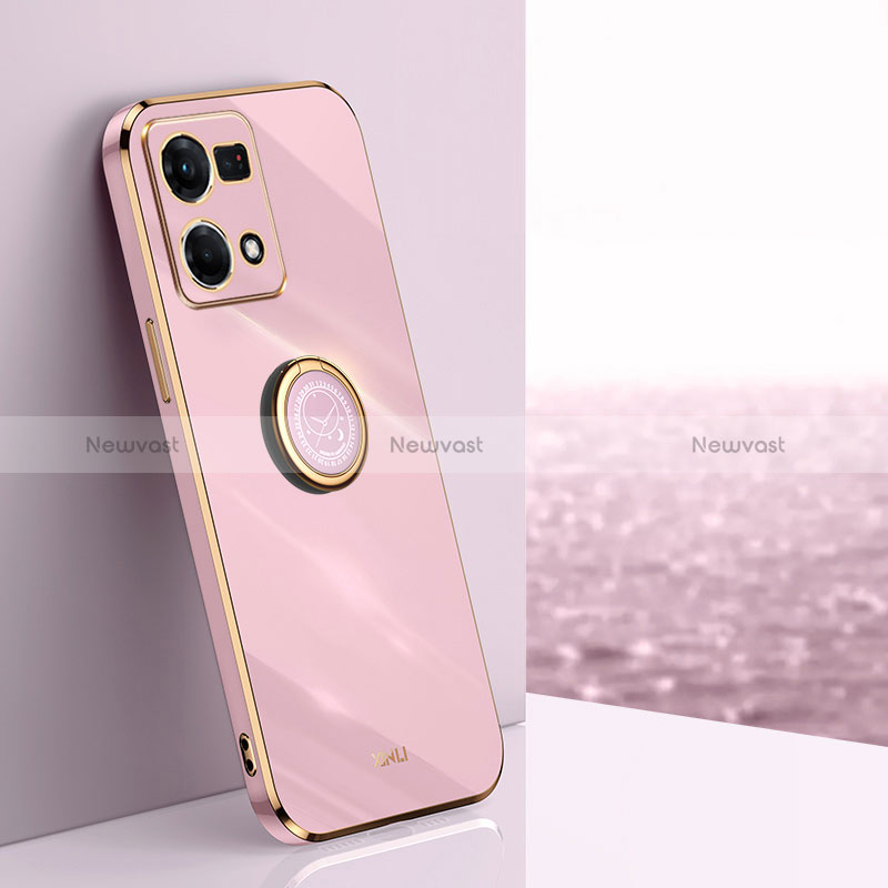 Ultra-thin Silicone Gel Soft Case Cover with Magnetic Finger Ring Stand XL1 for Oppo Reno7 4G Pink