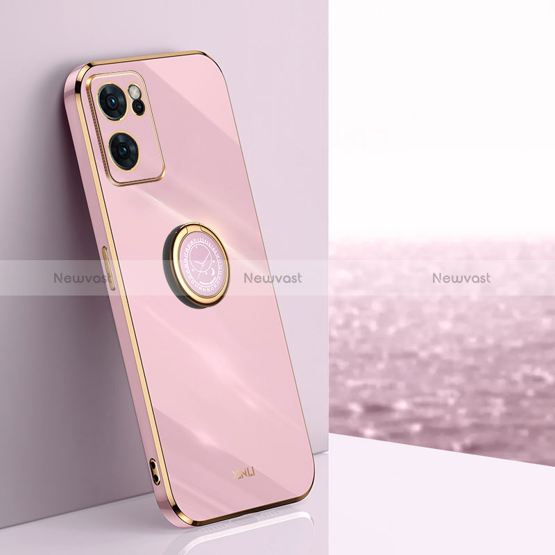 Ultra-thin Silicone Gel Soft Case Cover with Magnetic Finger Ring Stand XL1 for Oppo Reno7 5G Pink