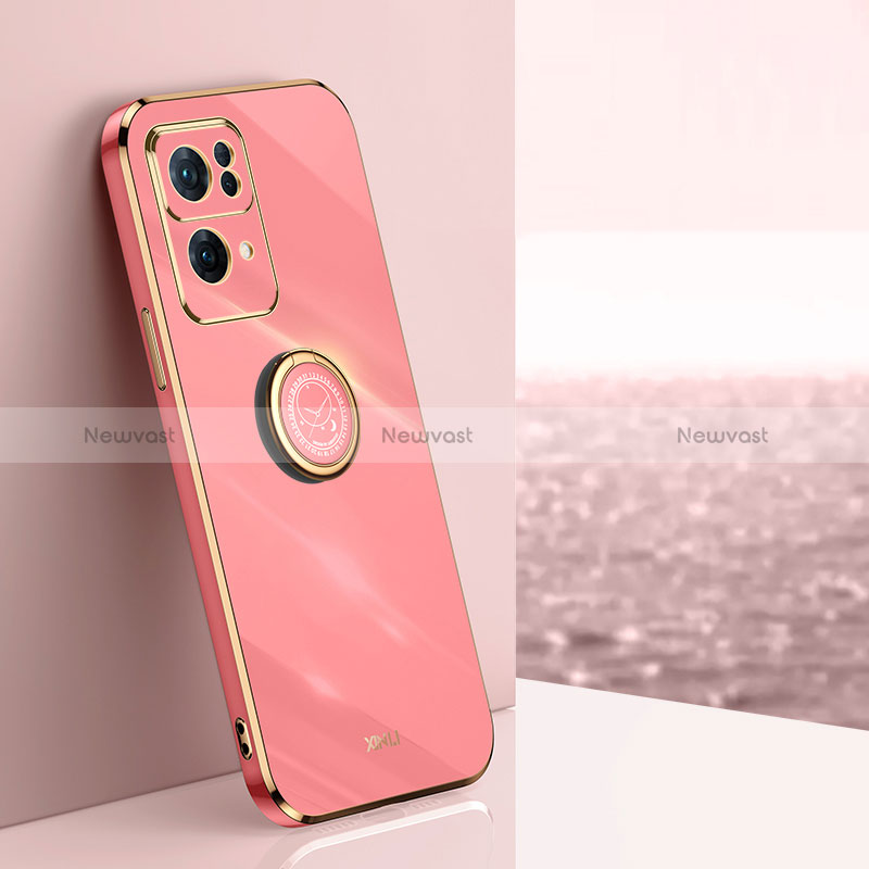 Ultra-thin Silicone Gel Soft Case Cover with Magnetic Finger Ring Stand XL1 for Oppo Reno7 Pro 5G Hot Pink