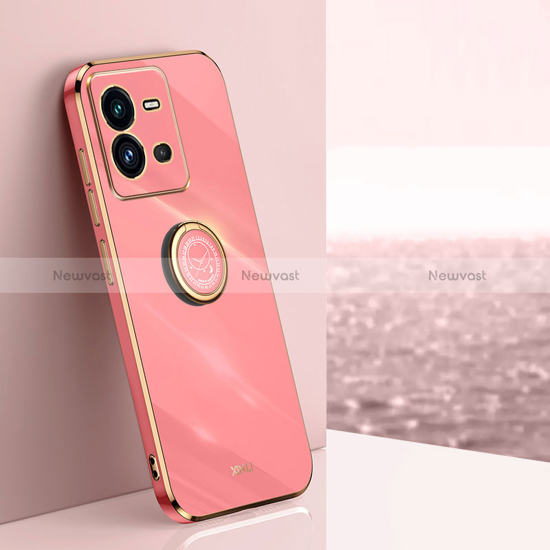 Ultra-thin Silicone Gel Soft Case Cover with Magnetic Finger Ring Stand XL1 for Vivo V25 5G Hot Pink