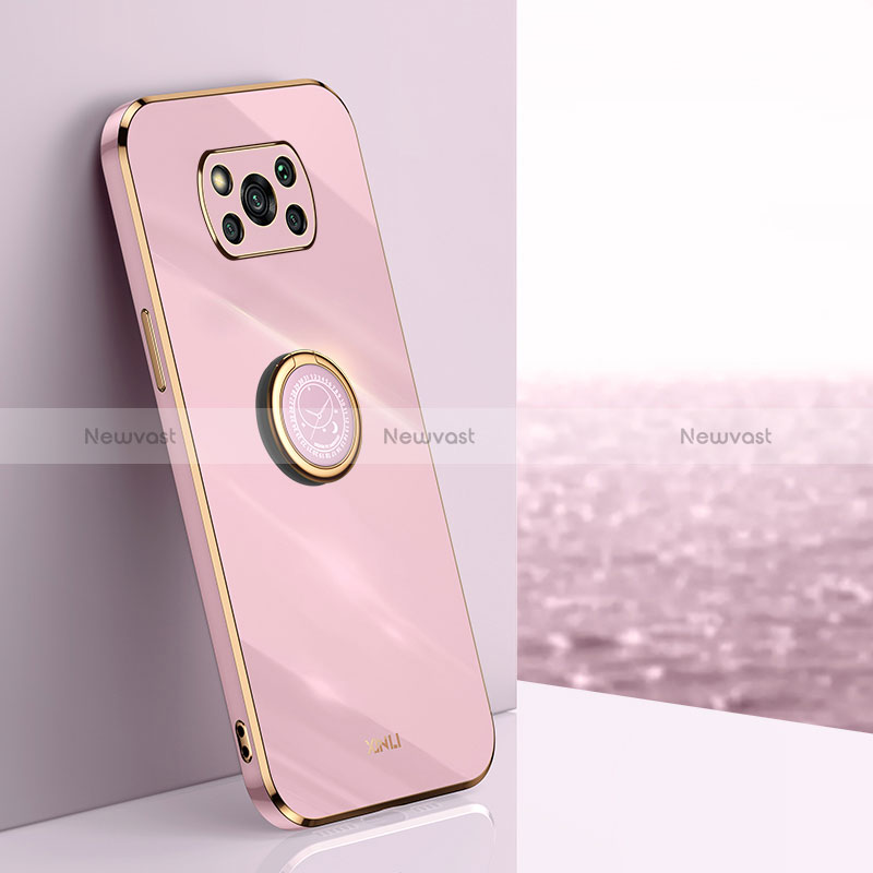 Ultra-thin Silicone Gel Soft Case Cover with Magnetic Finger Ring Stand XL1 for Xiaomi Poco X3 NFC Pink