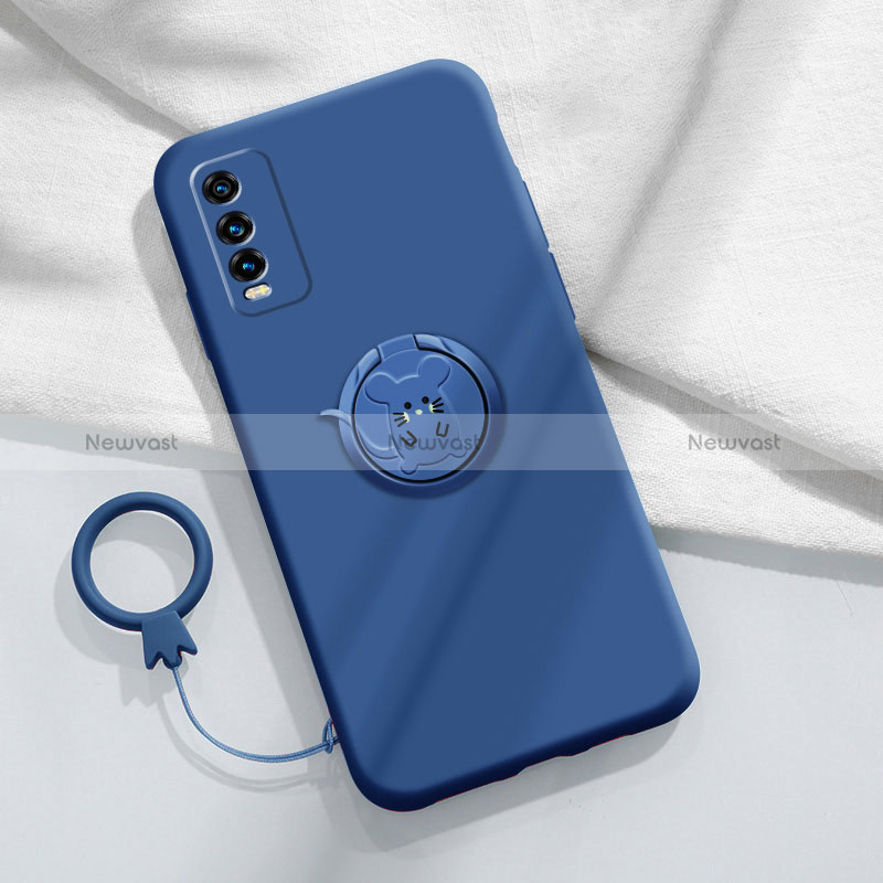 Ultra-thin Silicone Gel Soft Case Cover with Magnetic Finger Ring Stand YK1 for Vivo Y11s Blue