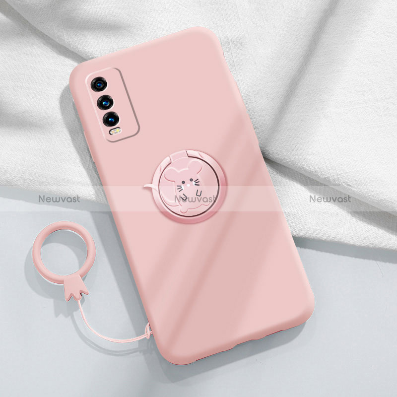 Ultra-thin Silicone Gel Soft Case Cover with Magnetic Finger Ring Stand YK1 for Vivo Y11s Pink
