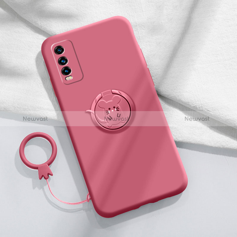 Ultra-thin Silicone Gel Soft Case Cover with Magnetic Finger Ring Stand YK1 for Vivo Y11s Red