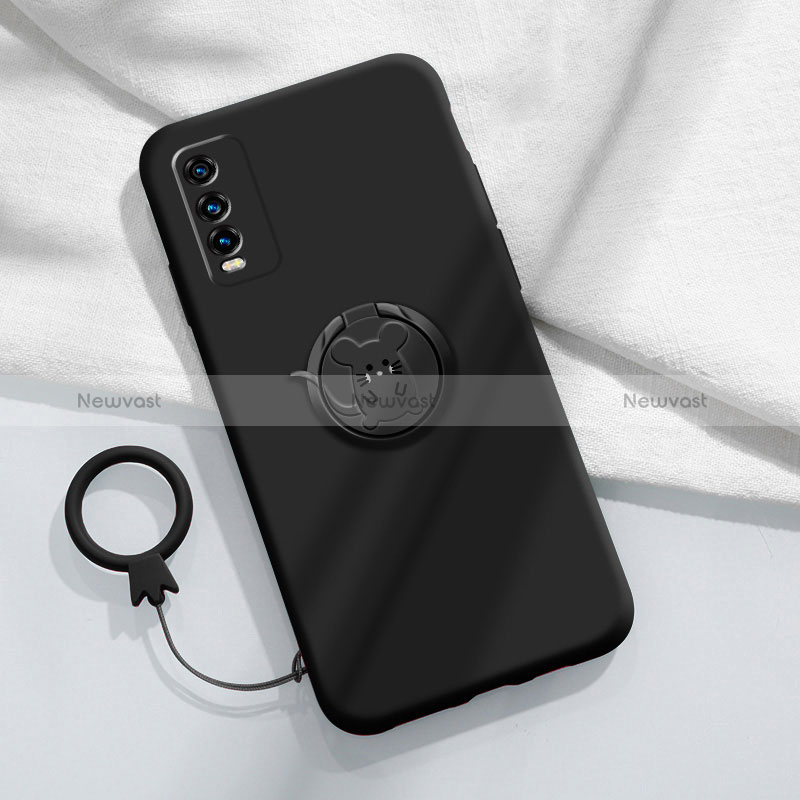 Ultra-thin Silicone Gel Soft Case Cover with Magnetic Finger Ring Stand YK1 for Vivo Y12s Black