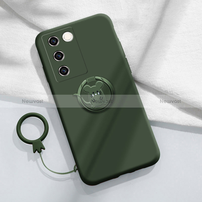 Ultra-thin Silicone Gel Soft Case Cover with Magnetic Finger Ring Stand Z01 for Vivo V27 5G Midnight Green