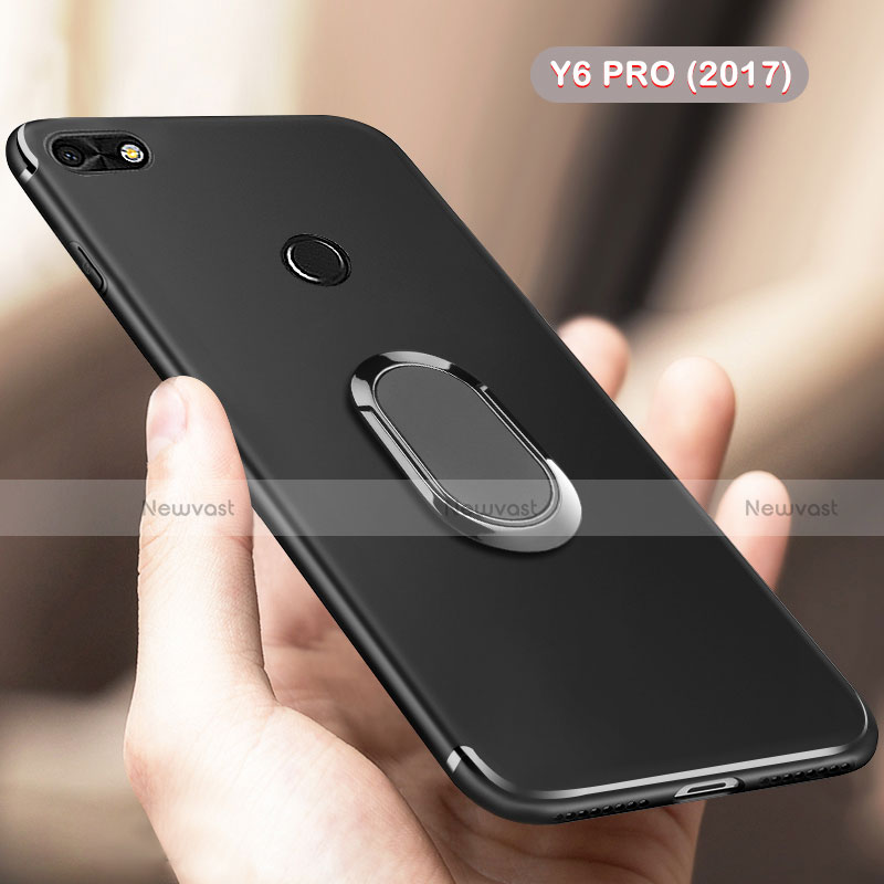 Ultra-thin Silicone Gel Soft Case with Finger Ring Stand for Huawei Y6 Pro (2017) Black