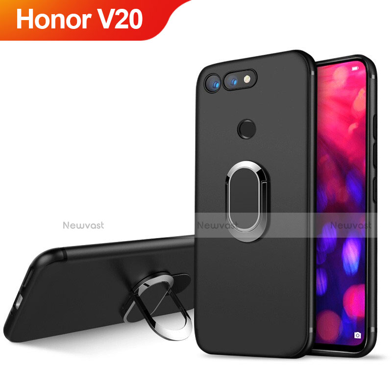 Ultra-thin Silicone Gel Soft Case with Magnetic Finger Ring Stand for Huawei Honor V20 Black